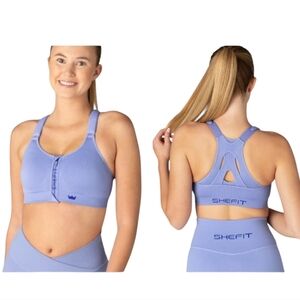 Shefit Periwinkle Color Sports Bra High Impact Posture Support Zip Front 2Luxe